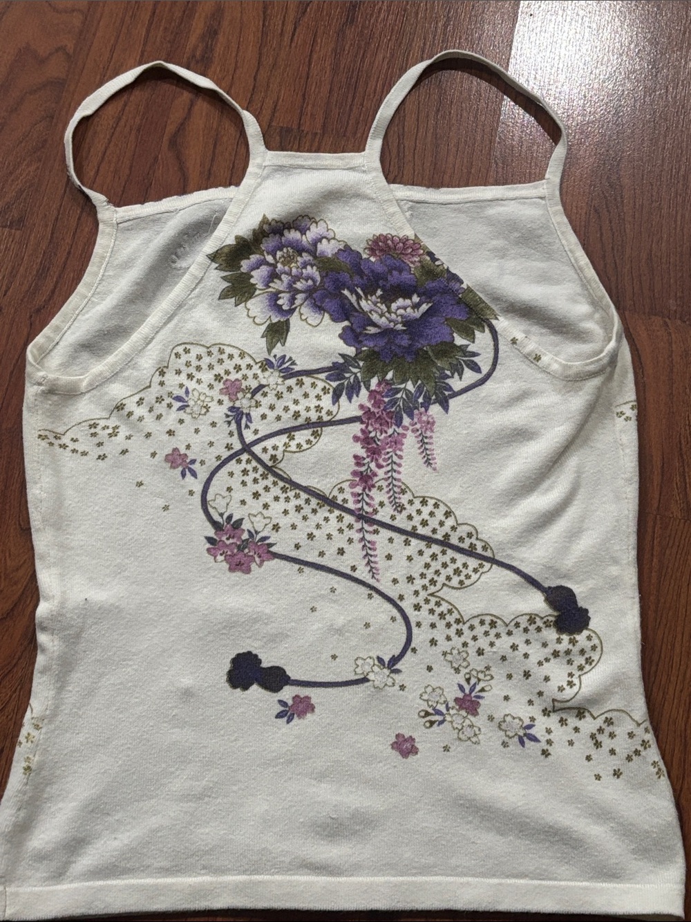 Y2K extremely rare Cream Floral Strappy Tank Top w/ Bead & Sequin Accent | Small - Picture 4 of 7